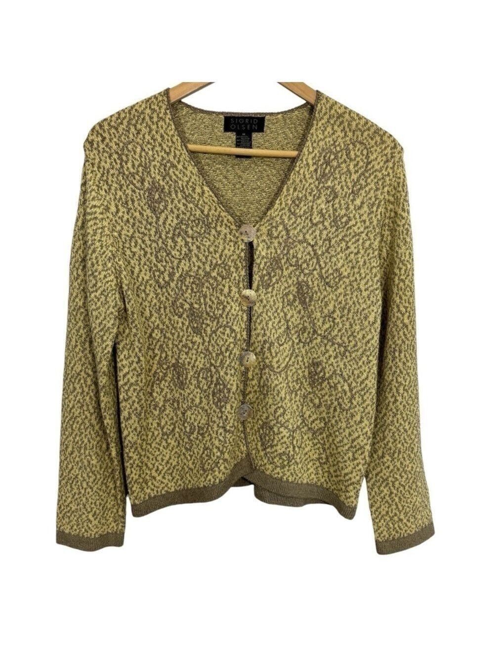 Sigrid Olsen Knit Cardigan Sweater Womens M Yellow Beige Shell Button Front GUC